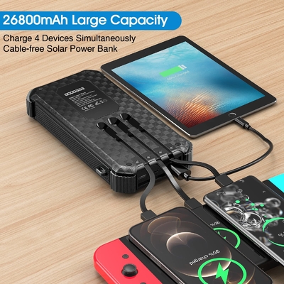IPX5 เครื่องชาร์จแบตเตอรีพลังงานแสงอาทิตย์แบบพกพากันน้ำ 26800mAh พร้อมสายเคเบิลในตัว 3 เส้น