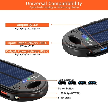 ธนาคารพลังงานแสงอาทิตย์ขนาด 18W 10000mAh เครื่องชาร์จ USB C OEM