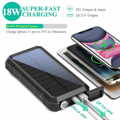 เครื่องชาร์จธนาคารพลังงานแสงอาทิตย์แบบไร้สายแบบพกพา 18W QC3.0 พร้อมเอาต์พุต 4 ตัว