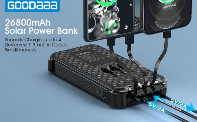 IPX5 เครื่องชาร์จแบตเตอรีพลังงานแสงอาทิตย์แบบพกพากันน้ำ 26800mAh พร้อมสายเคเบิลในตัว 3 เส้น 0